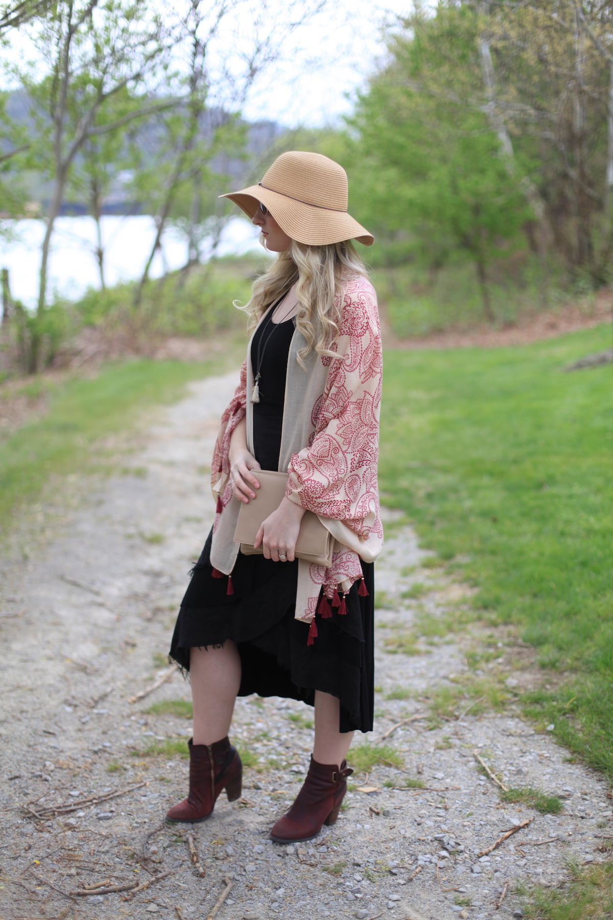 bamboo dress, style, fashion blogger, floppy hat, ankle boots, crossbody, sunglasses, allyn lewis, women's clothing, hi-lo dress