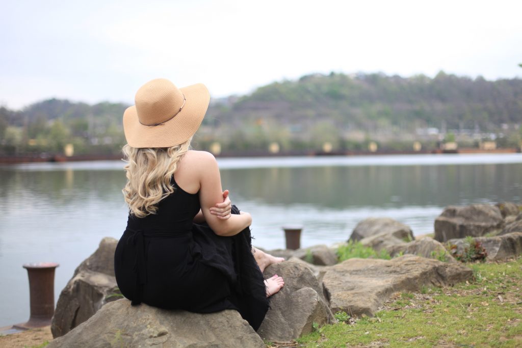 bamboo dress, style, fashion blogger, floppy hat, ankle boots, crossbody, sunglasses, allyn lewis, women's clothing, hi-lo dress