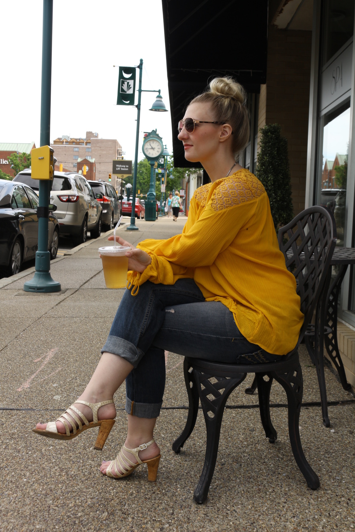 boy friend jeans, yellow crochet blouse, Passiana red pyramid necklace | styled by Allyn Lewis