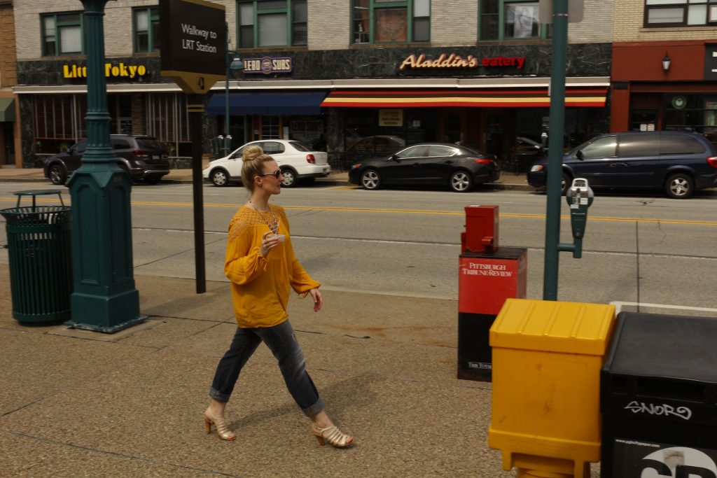 boy friend jeans, yellow crochet blouse, Passiana red pyramid necklace | styled by Allyn Lewis