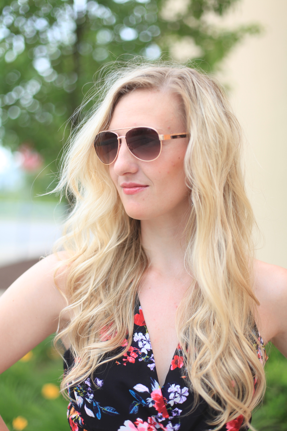 Floral Romper + Block Heels Styled by Fashion Blogger Allyn Lewis on The Gem // Summer Style, Sandals, Halter, Floral Print, Sunglasses, Beachy Waves