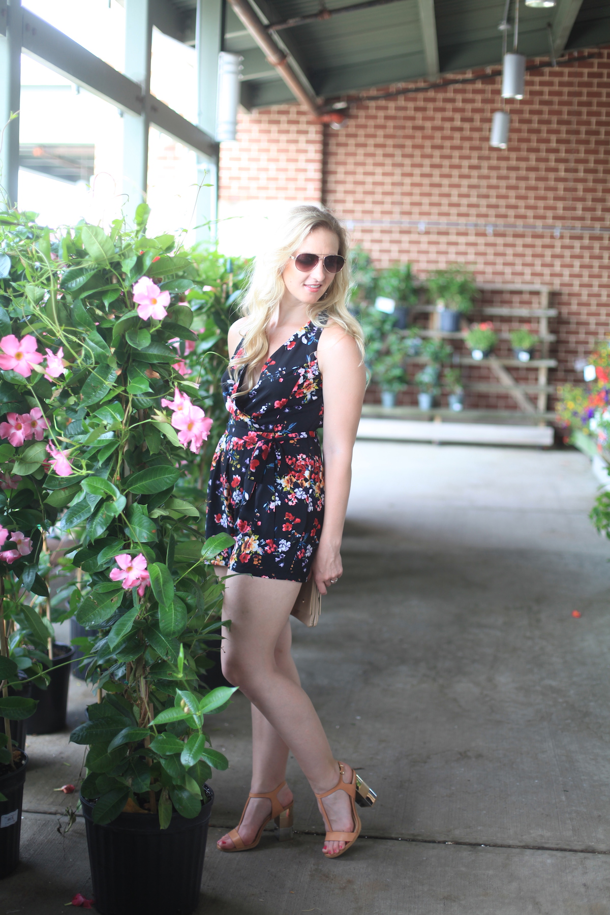 Floral Romper + Block Heels Styled by Fashion Blogger Allyn Lewis on The Gem // Summer Style, Sandals, Halter, Floral Print