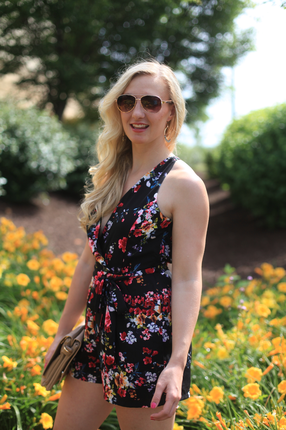 Floral Romper + Block Heels Styled by Fashion Blogger Allyn Lewis on The Gem // Summer Style, Sandals, Halter, Floral Print, Sunglasses, Beach Waves