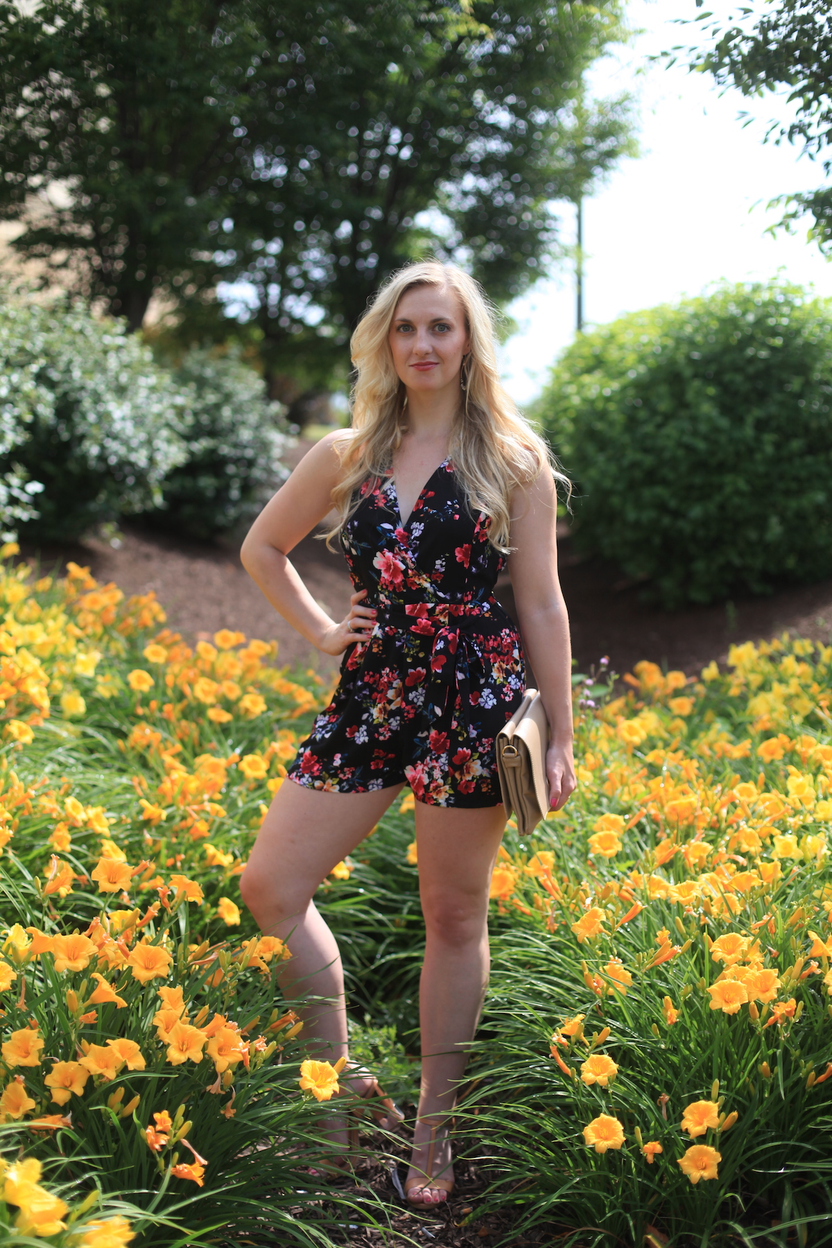 Floral Romper + Block Heels Styled by Fashion Blogger Allyn Lewis on The Gem // Summer Style, Sandals, Halter, Floral Print