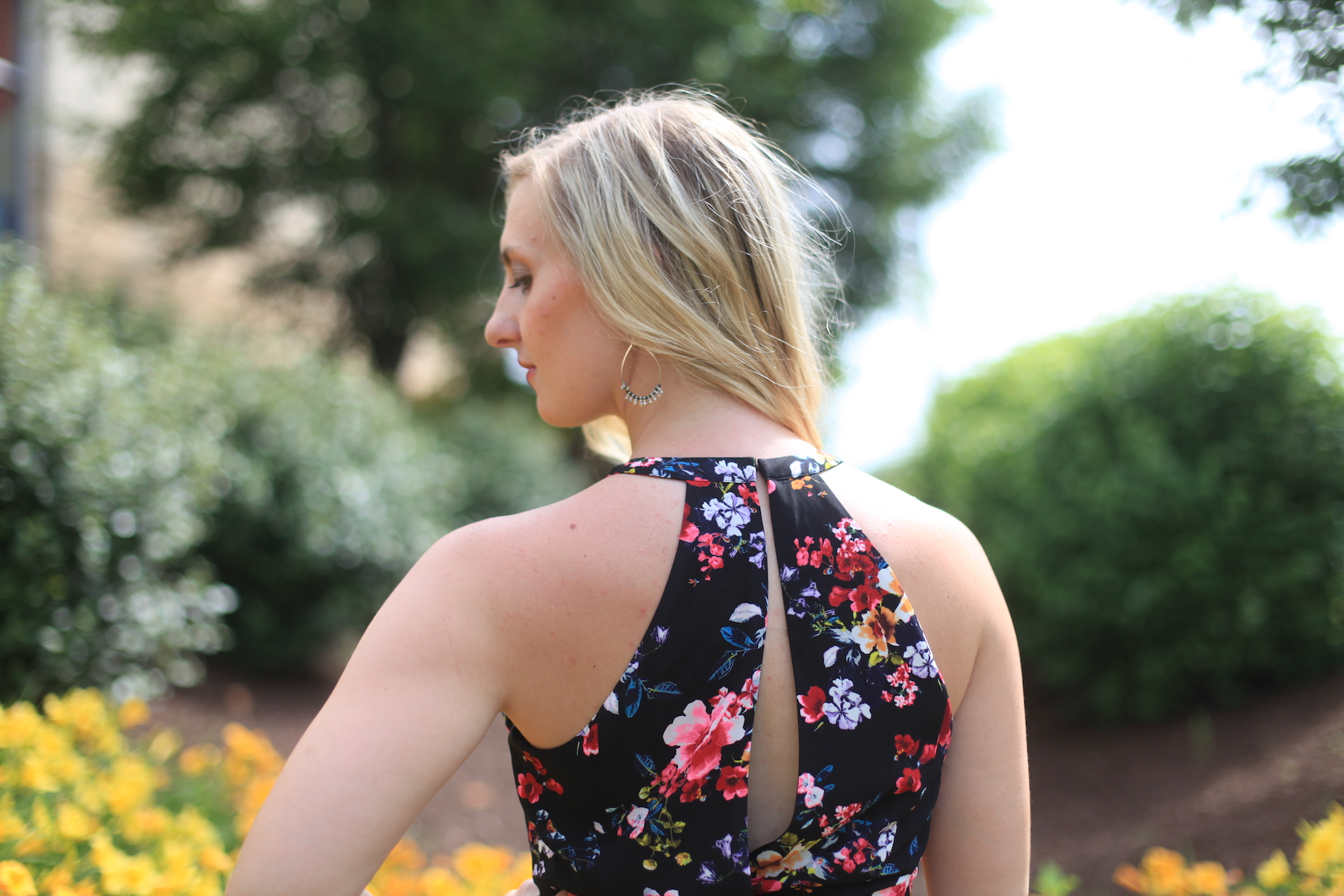 Floral Romper + Block Heels Styled by Fashion Blogger Allyn Lewis on The Gem // Summer Style, Sandals, Halter, Floral Print