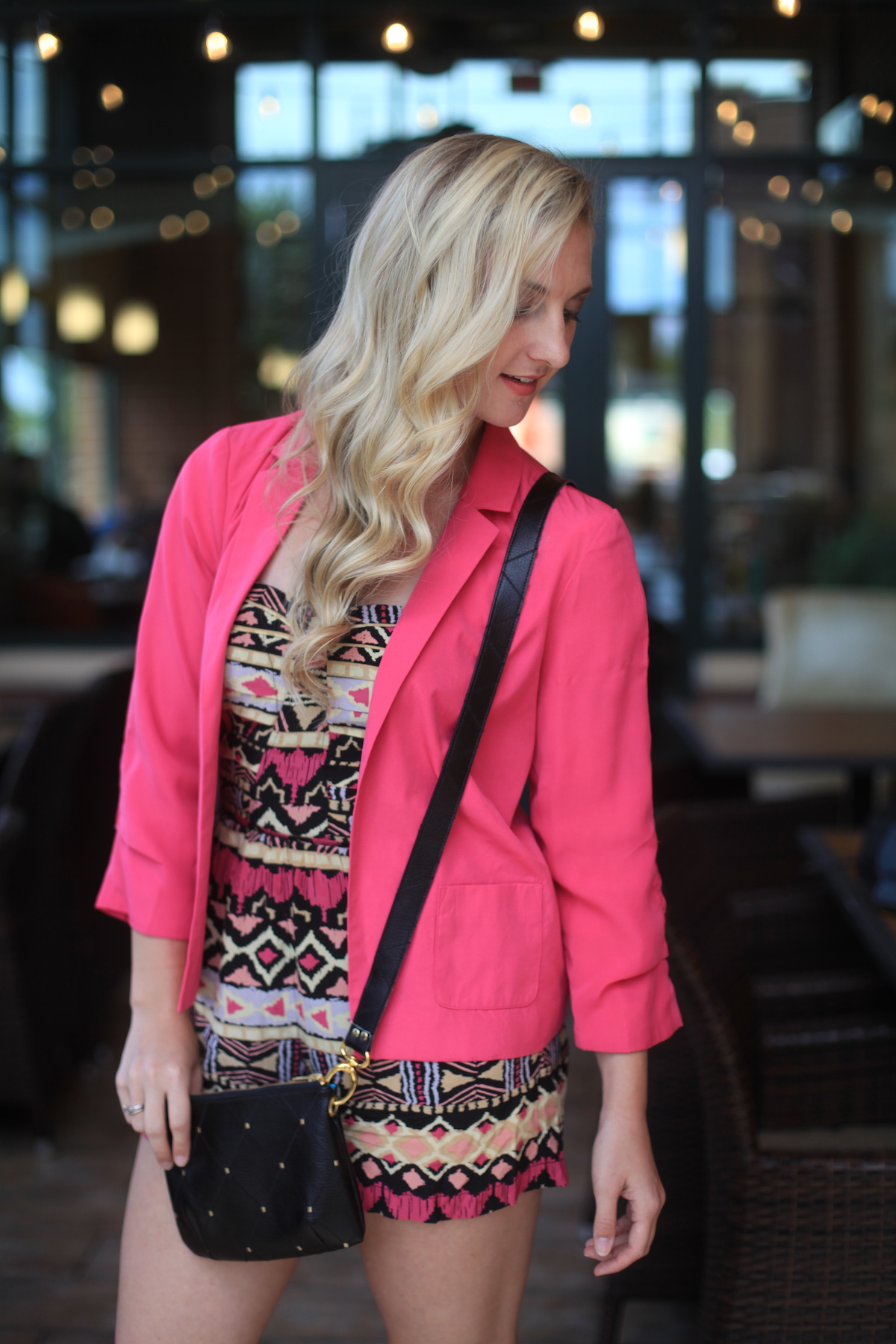 One Look + One Life Lesson // Daylin Skye Handbag, Pink Blazer, Aztec Romper Styled by Allyn Lewis