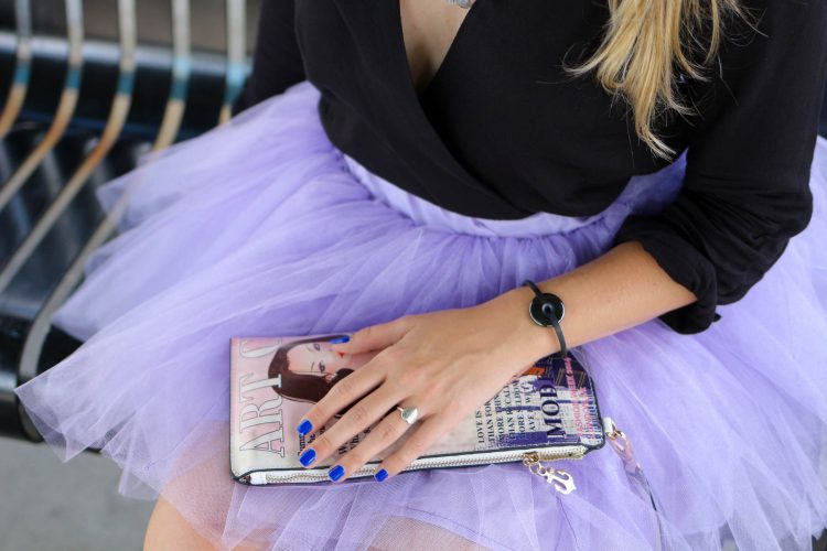 Allyn Lewis of The Gem in a tutu and long sleeve romper look at New York Fashion Week.