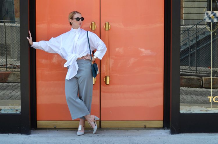 Street Style at New York Fashion Week Outfit: Grey Culottes and Wabisabi Button Up Shirt from Narrow Arrow Clothing