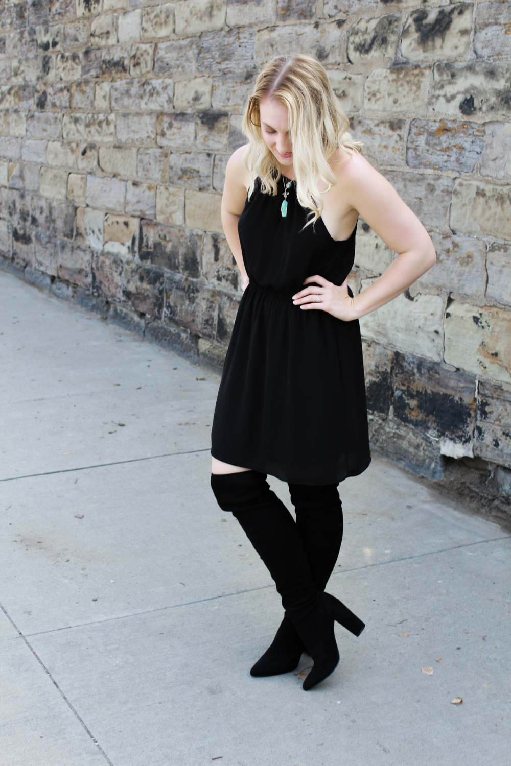 Little black dress outfit with thigh high black boots, Joree & Jane healing crystal necklace