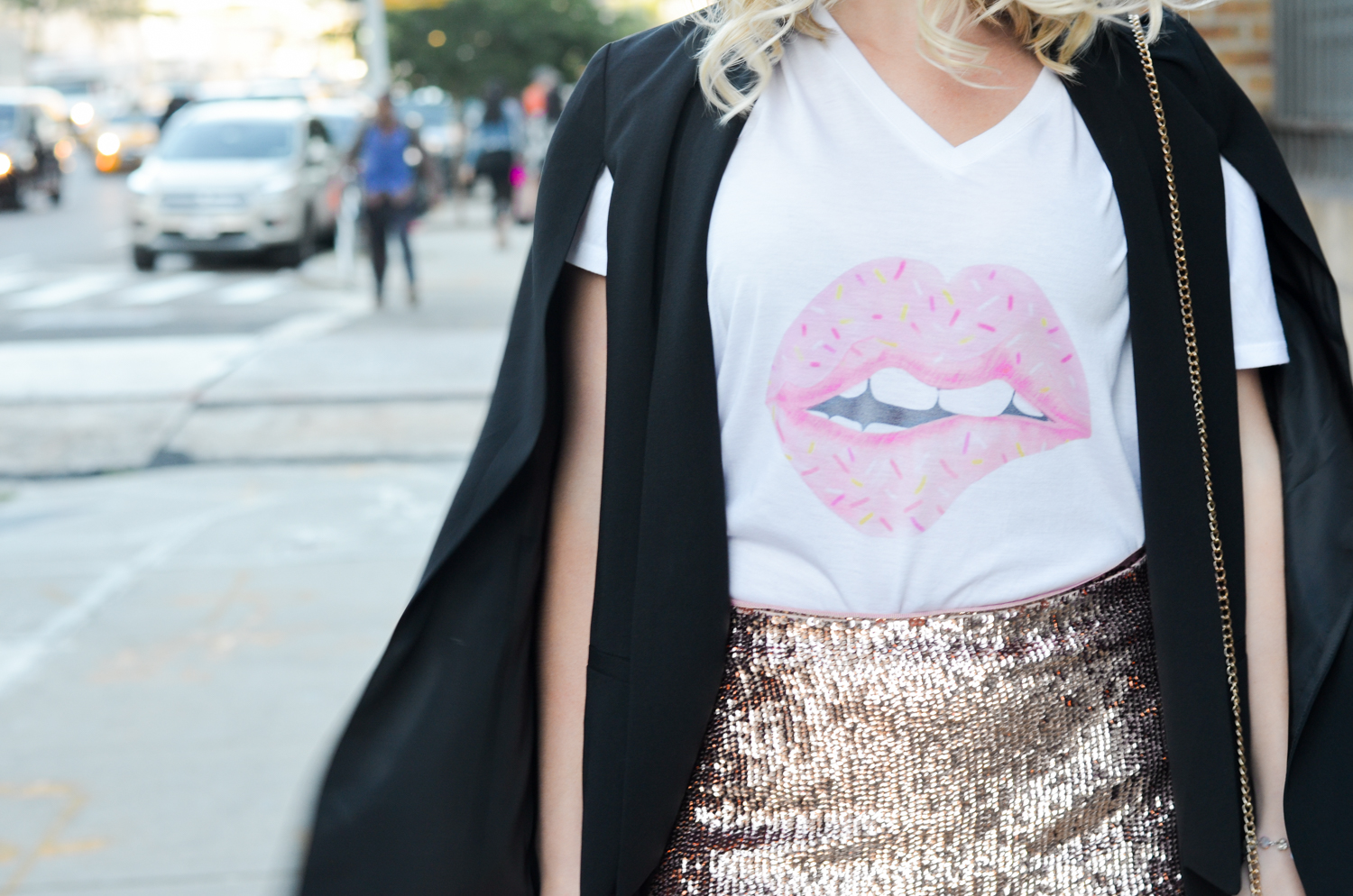 How to dress up a basic t-shirt // adorable donut lips graphic tee from Yummiewear, rose gold sequin skirt, black cape blazer 