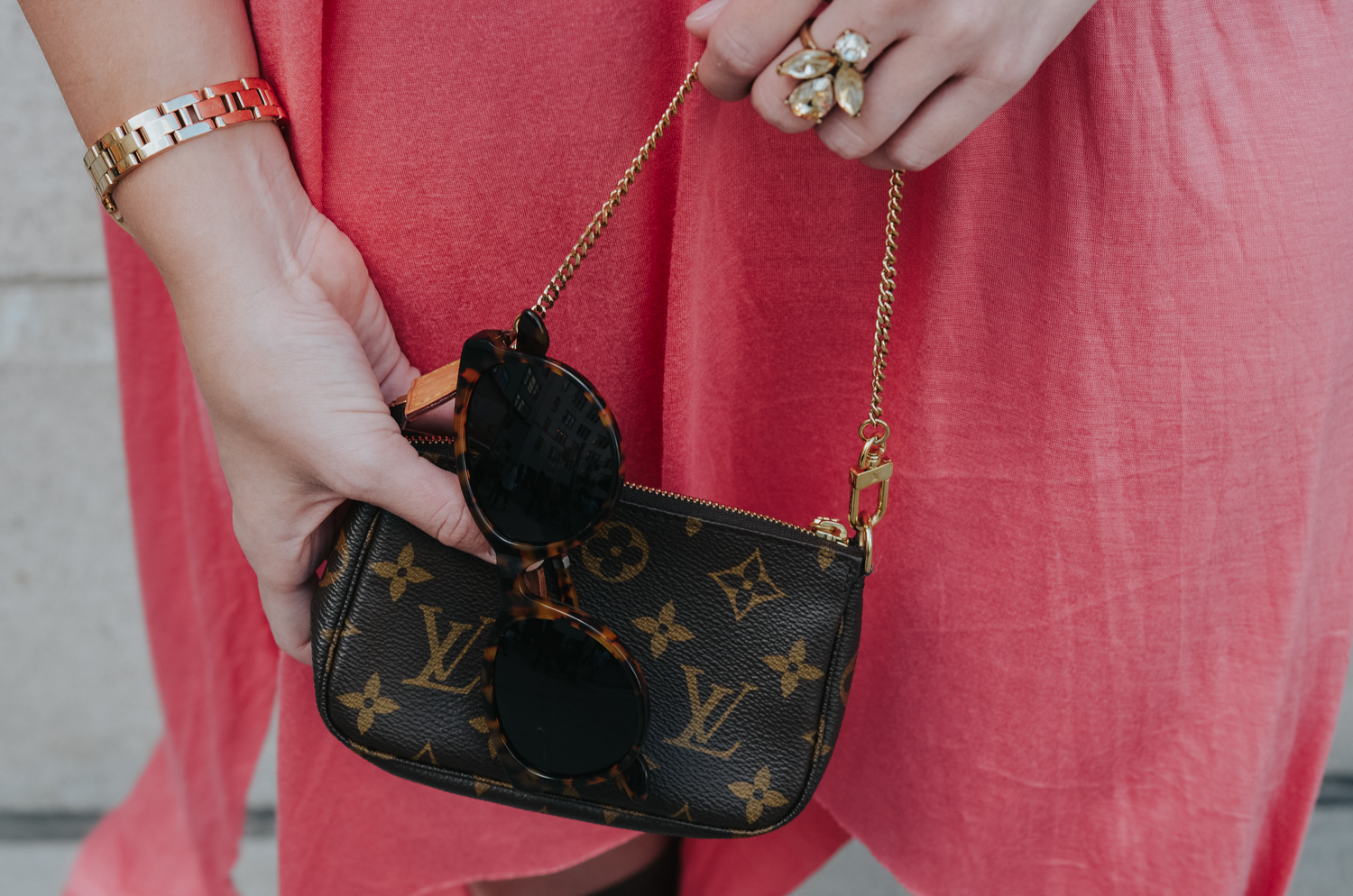 Accessories: Louis Vuitton Pochette Accessoire cloth handbag, Cocktail Ring from @7charmingsister, Sunglasses from @publicsunglasses