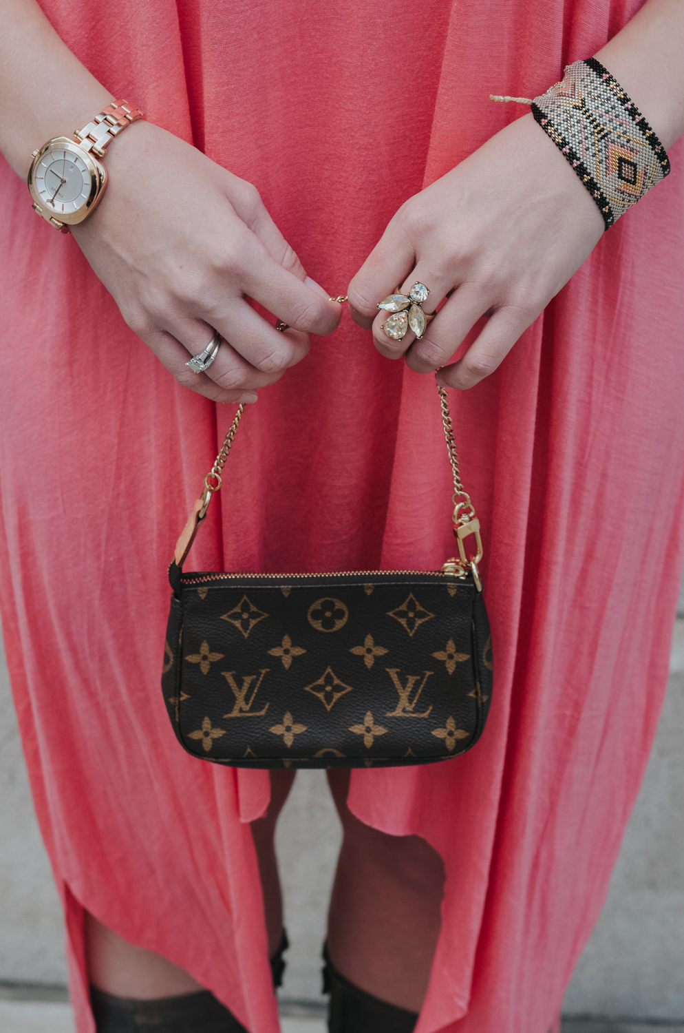 Accessories: Louis Vuitton Pochette Accessoire cloth handbag, Cocktail Ring from @7charmingsister, Wing Ding Cuff Bracelet from @KutulaKiss, Coachella Rose Tone Watch from @EscapeWatches