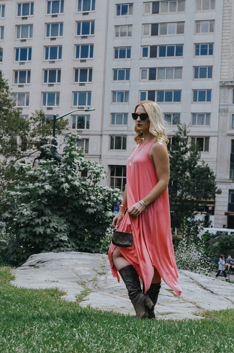 New York Fashion Week Look: Coral Maxi Dress and Knee High Boots - the perfect summer to fall transition look.