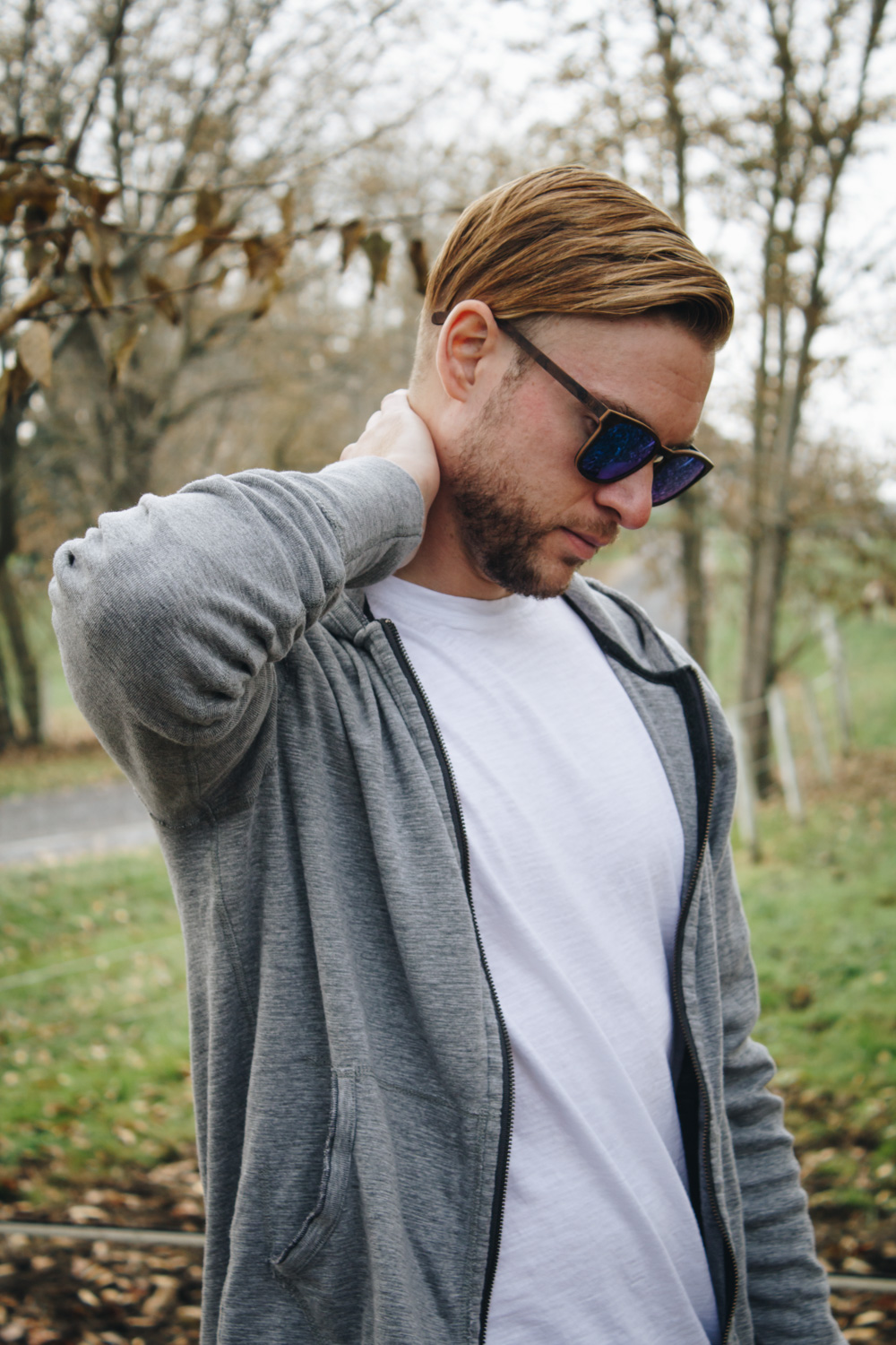 Men's fall fashion outfit featuring wooden sunglasses from Public Sunglasses