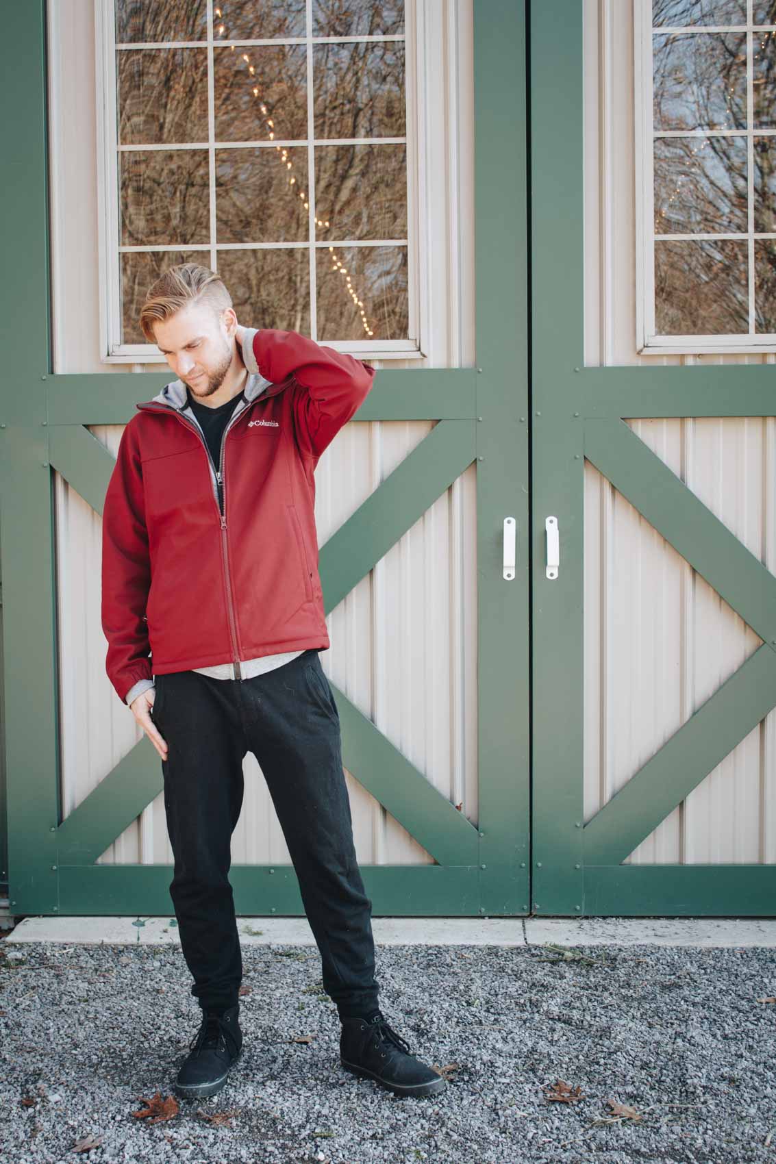 men's fashion, red jacket, jogger pants, menswear, columbia sportswear, mens style