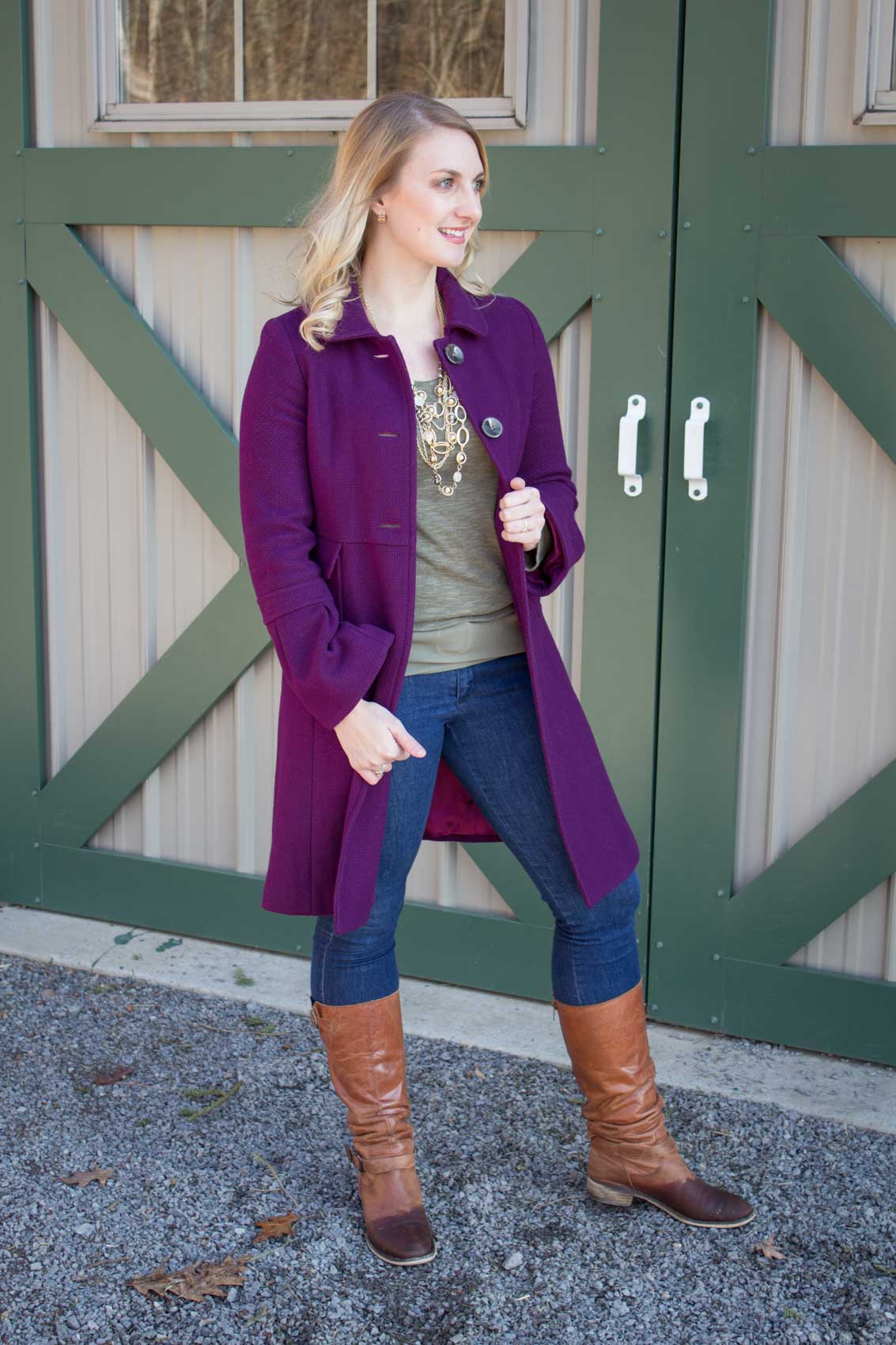 Styling jewel tones for winter outfit ideas - plum purple coat