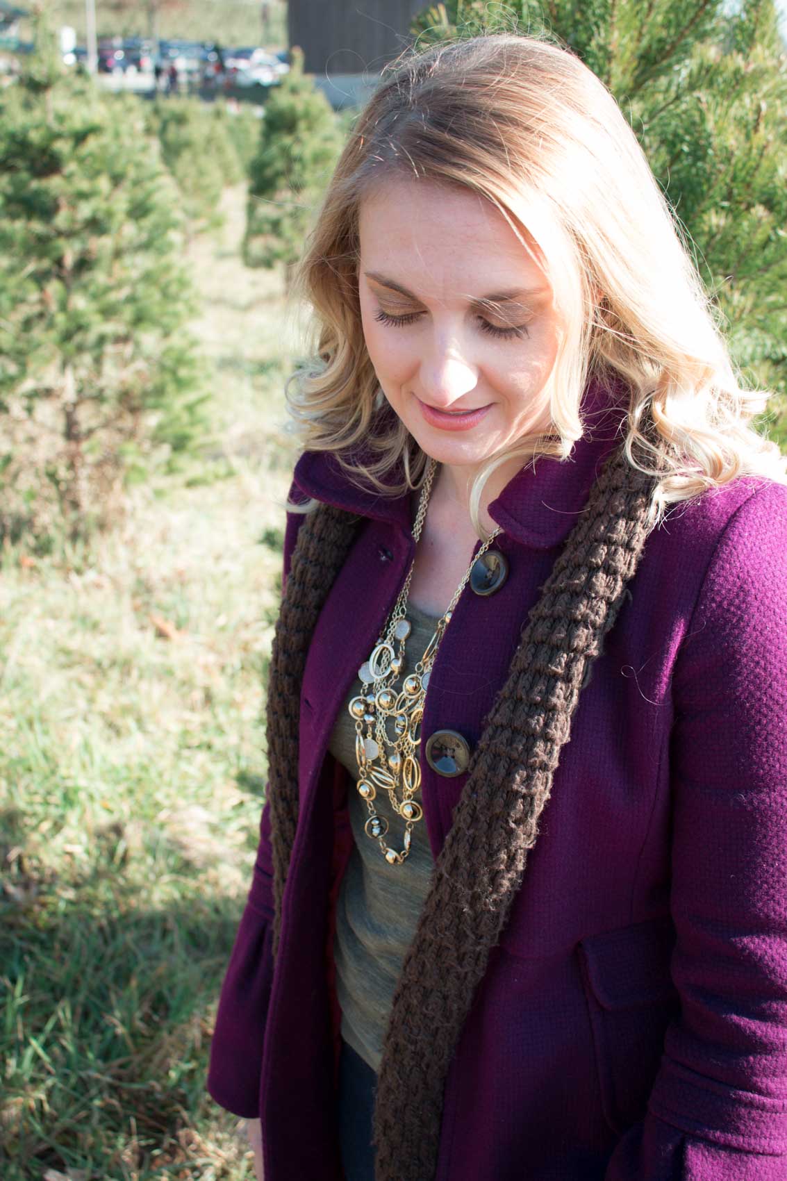 Styling jewel tones for winter - plum purple coat