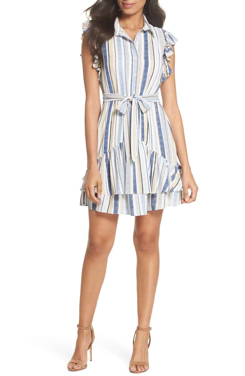 The colors of this striped dress dress remind me of a day at the beach and I'm also into the waist-cinching sash. I have a dress that similar to this with ruffles at the bottom and I love how long it makes my legs look! 