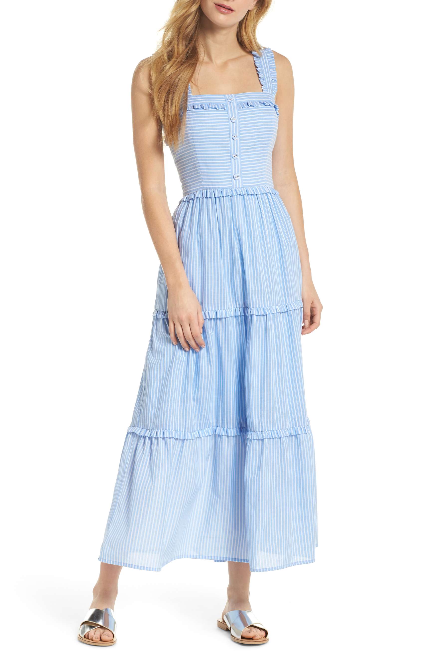 To me, stripes tend to seem more bold than delicate, but this Gal Meets Glam maxi dress certainly proves me wrong with soft blue stripes, dainty ruffles, and a flattering tiered skirt.  