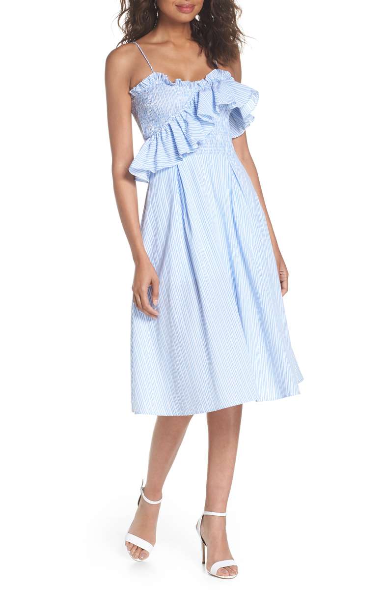 This dress as a similar structure to the one I have with the fitted bodice and flared skirt. The romantic sash-like ruffles add a fun, flirty touch!  