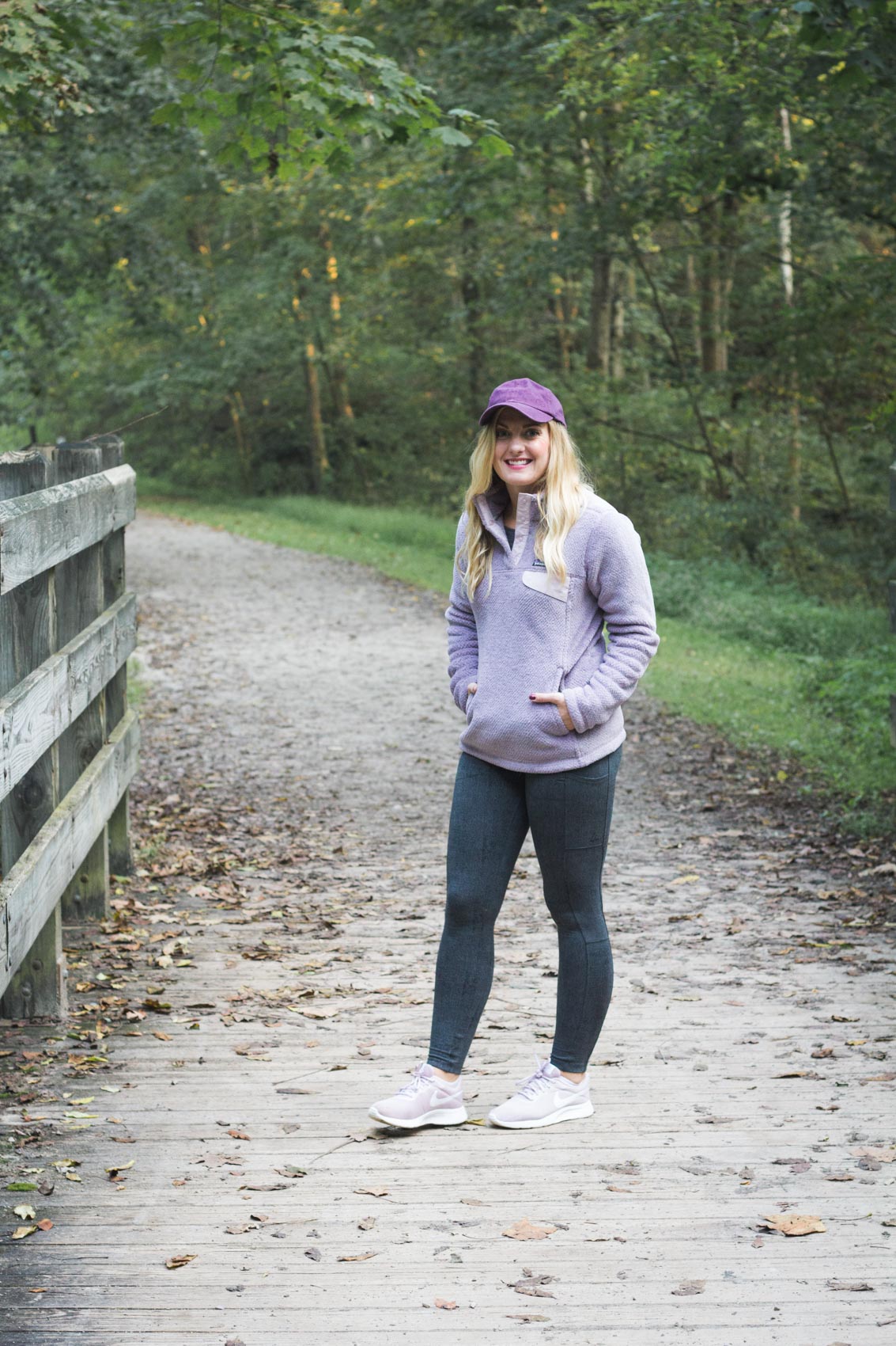 Allyn Lewis from The Gem wearing a purple Patagonia pullover for fall. 