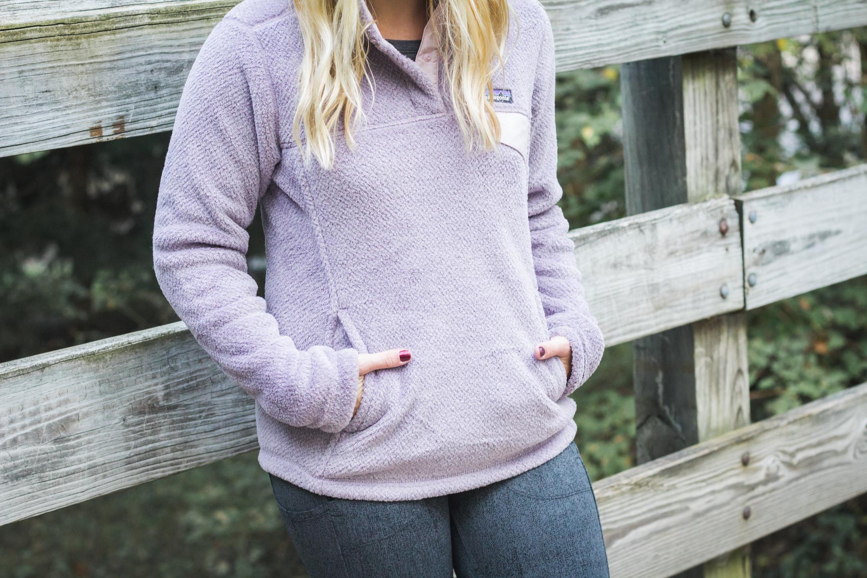 Allyn Lewis from The Gem wearing a purple Patagonia pullover for fall. 