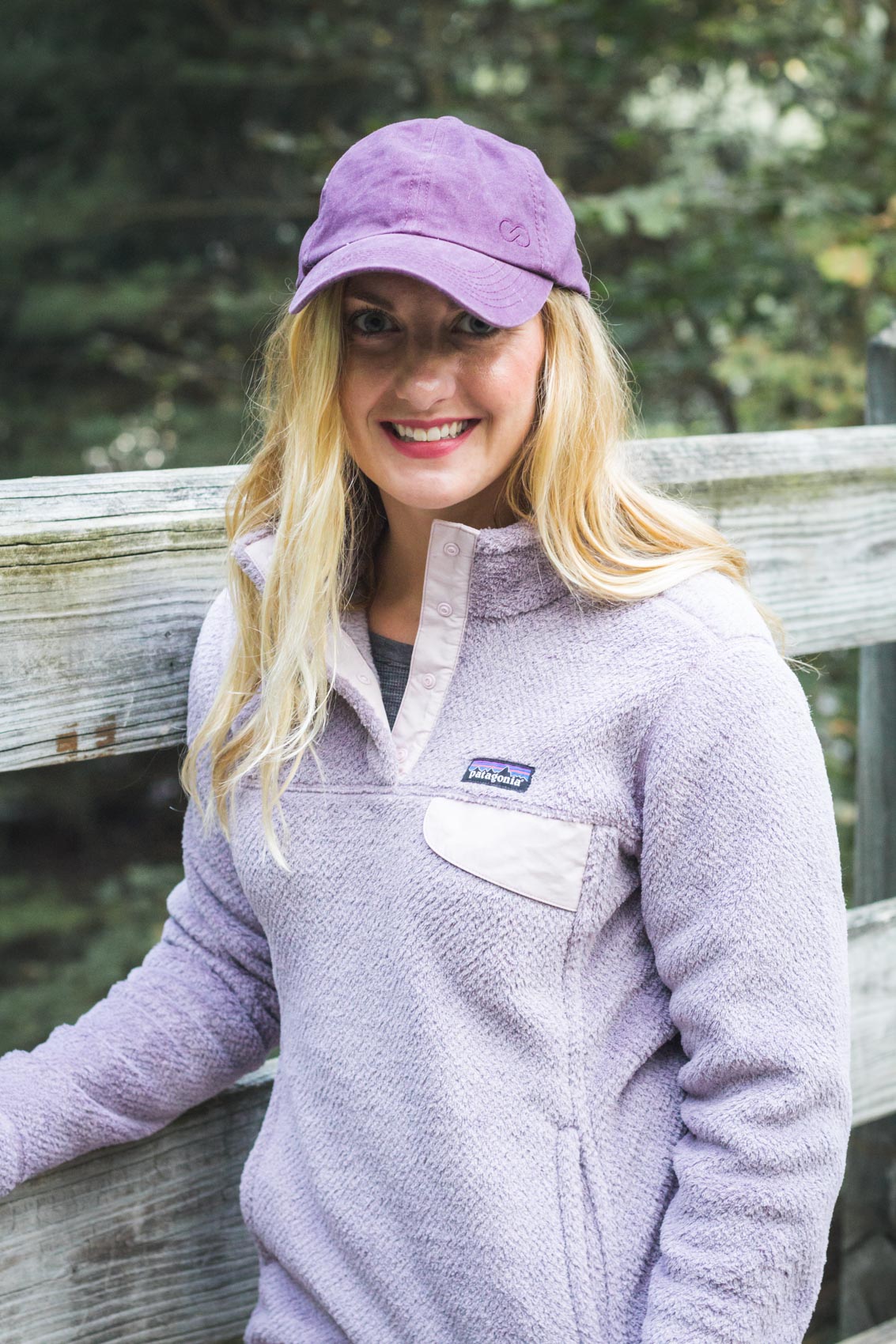 Allyn Lewis from The Gem wearing a purple Patagonia pullover for fall. 