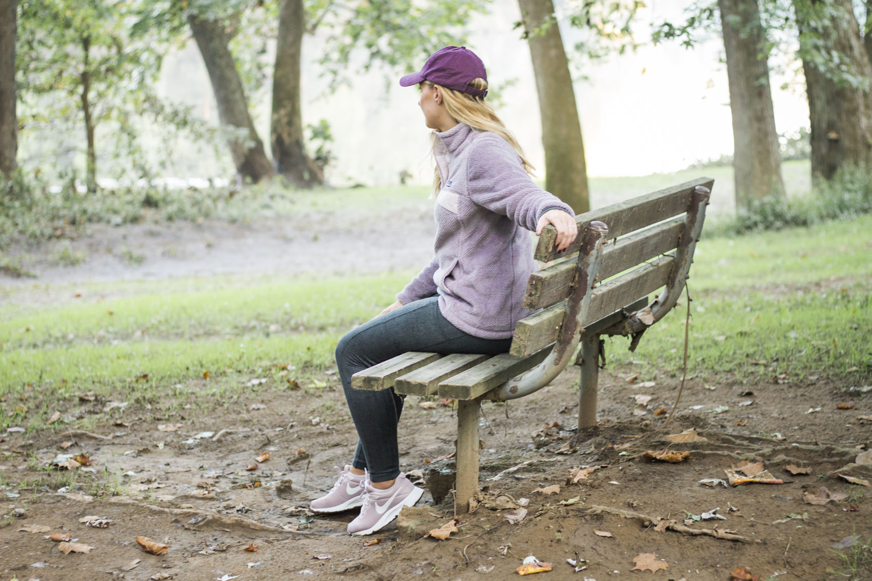 Allyn Lewis from The Gem wearing a purple Patagonia pullover for fall. 