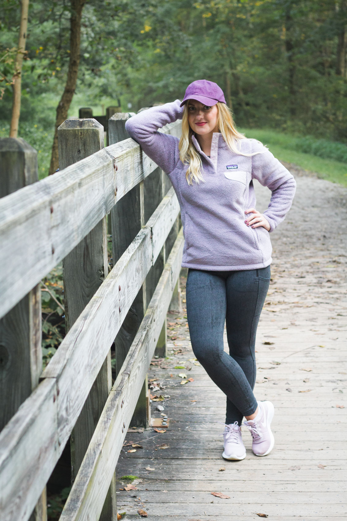 Allyn Lewis from The Gem wearing a purple Patagonia pullover for fall. 