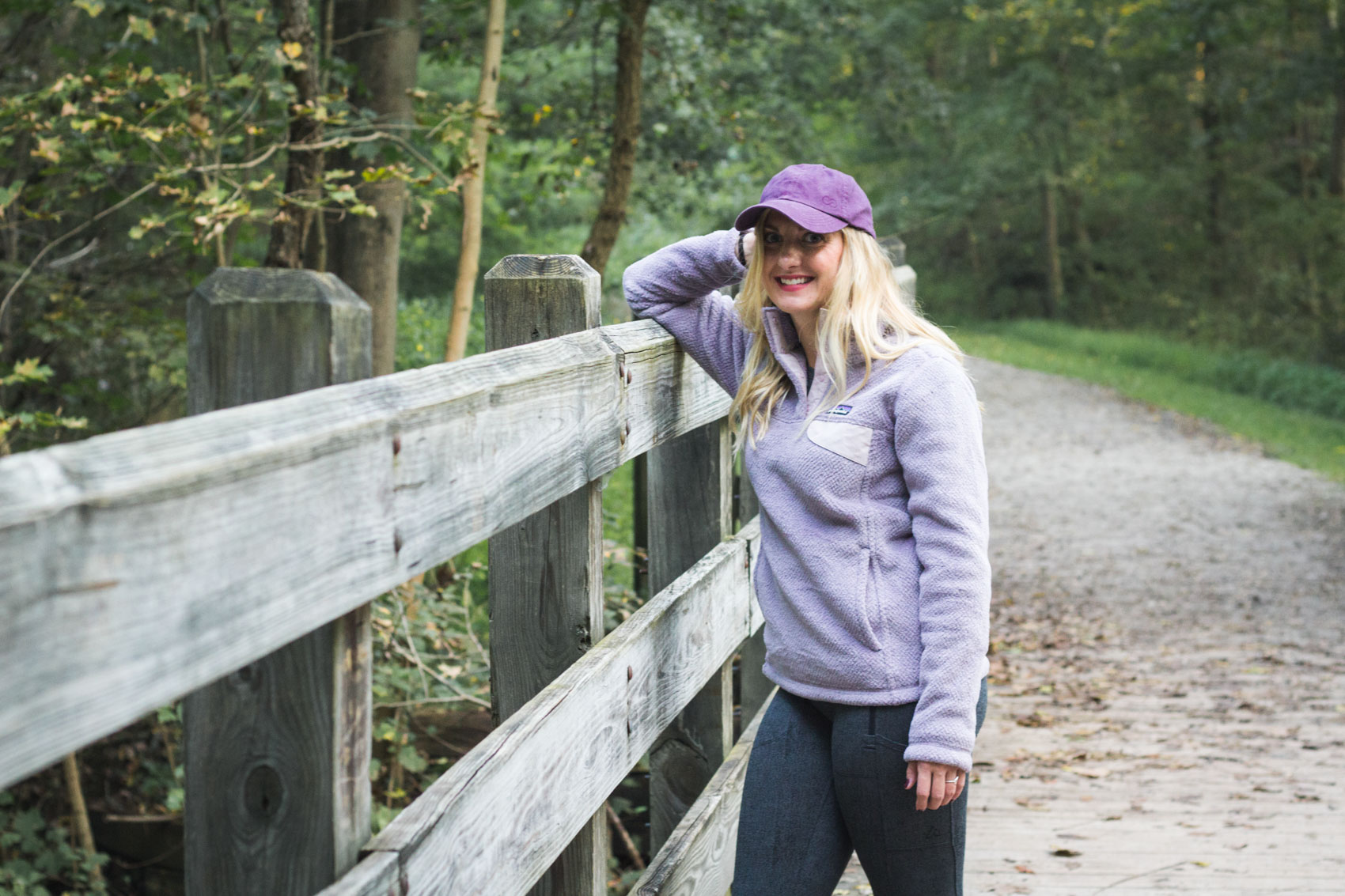 Allyn Lewis from The Gem wearing a purple Patagonia pullover for fall. 