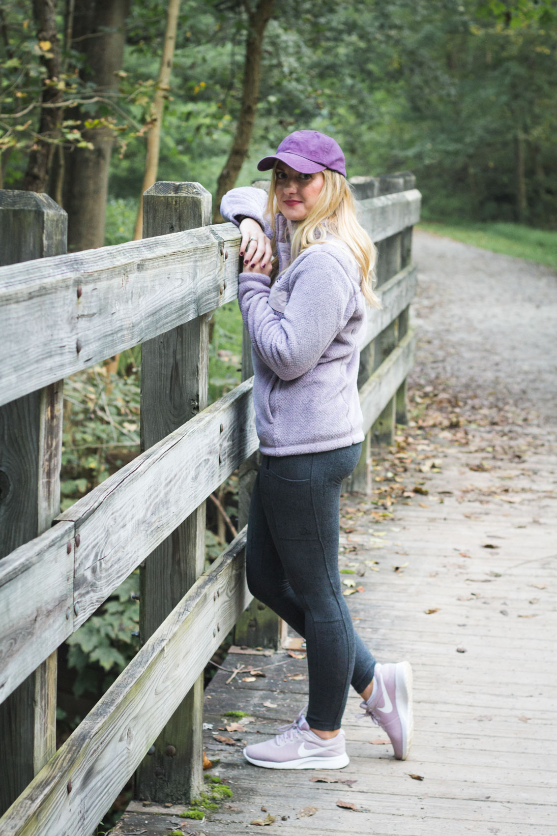 Allyn Lewis from The Gem wearing a purple Patagonia pullover for fall. 