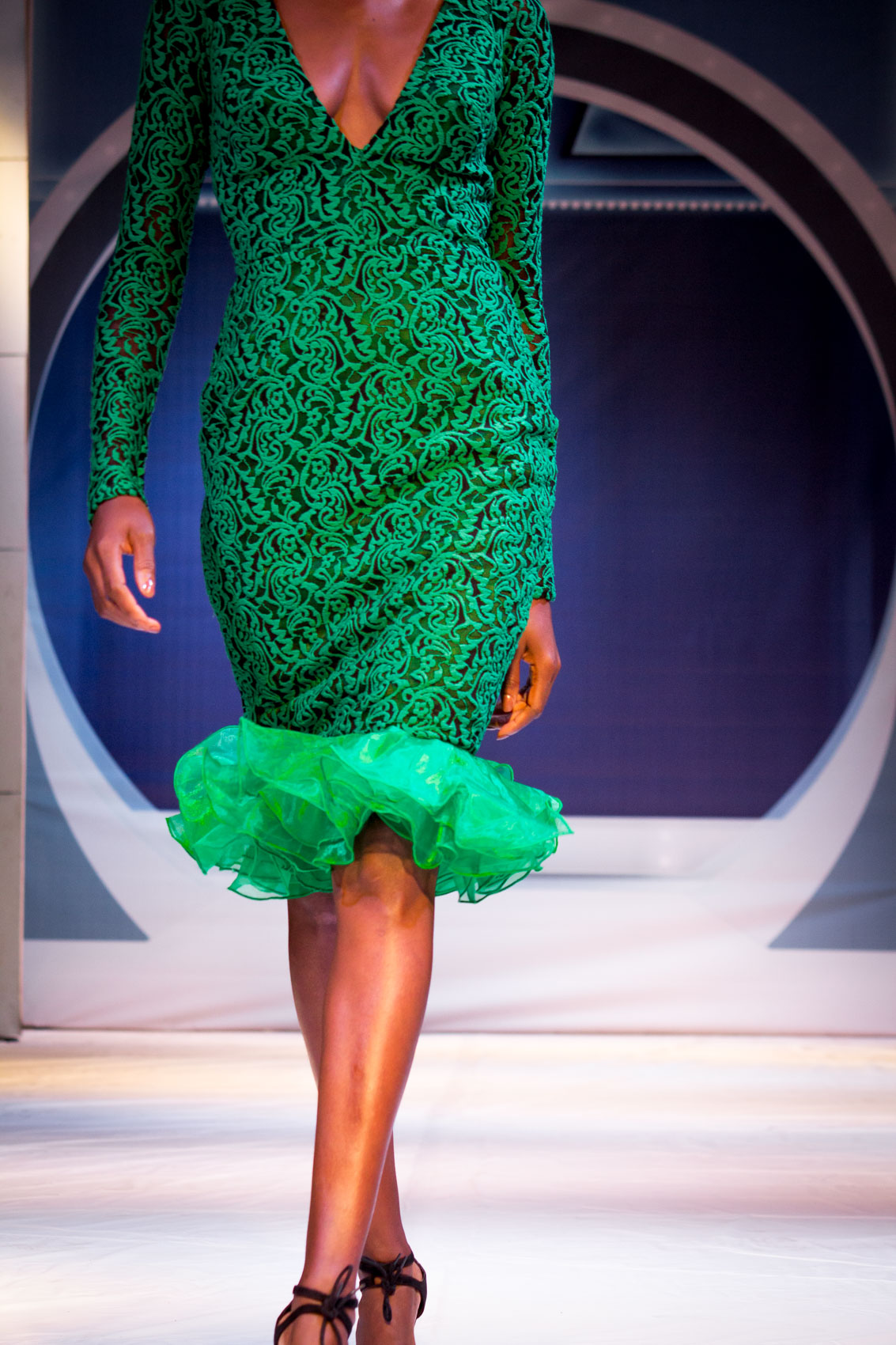 Emerald green gown on the runway at Accra Fashion Week