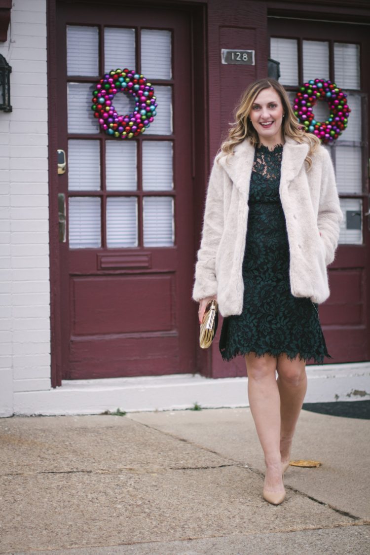From casual in plaid to festive in a little red dress, these holiday outfits are timeless and perfect to wear to all of those upcoming parties. Allyn Lewis styles a faux fur coat, nude heels, and a green lace Eliza J dress.