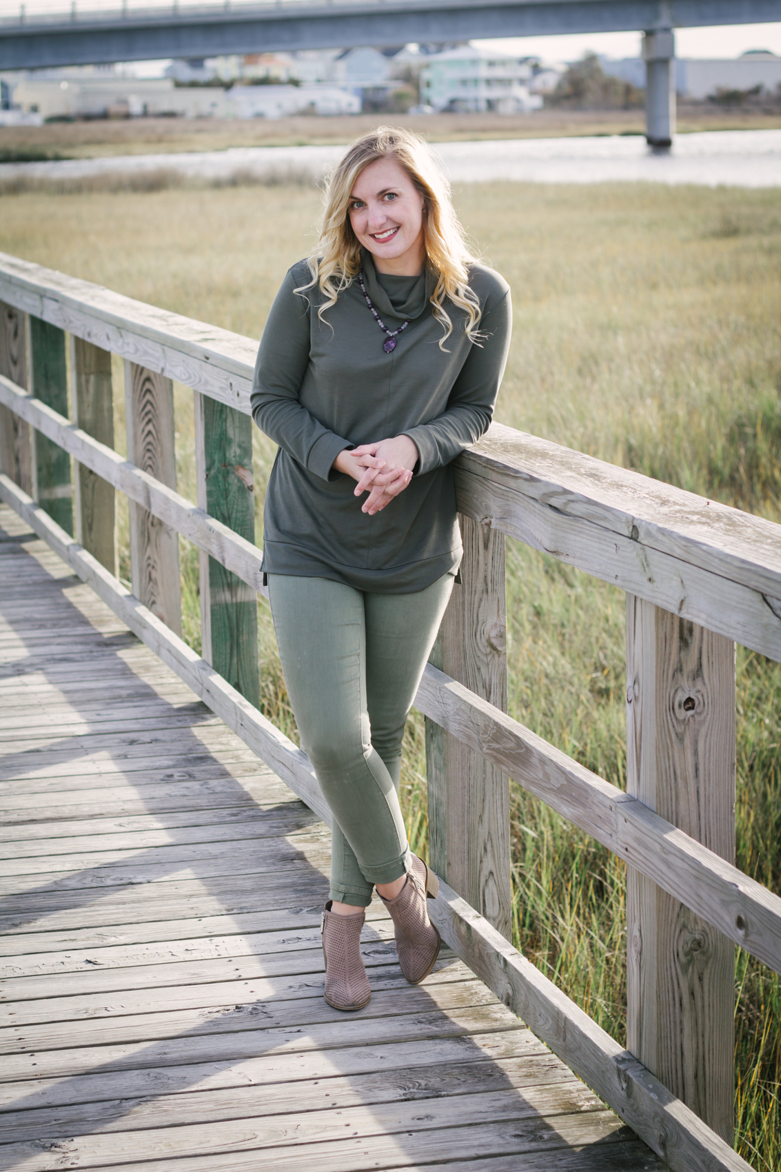 If you're running low on time or mental capacity, a monochrome outfit is the easiest way to an elevated and chic look. Here's an olive green casual option featuring a genuine gemstone necklace from Shaman Sisters. 