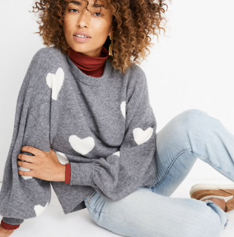 A balloon-sleeve heart sweater to add to your Valentine's Day looks from Madewell!