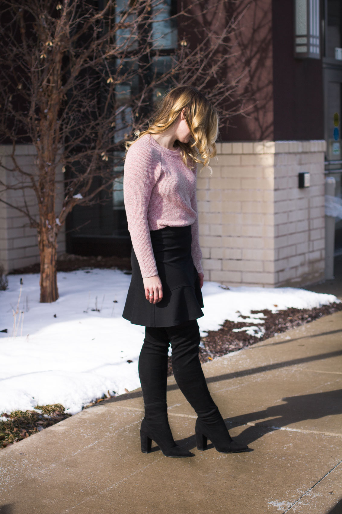 pink sweater outfit // Valentine's Day Outfit Ideas // Pink Glasses // Over the knee boots // black skirt outfit 