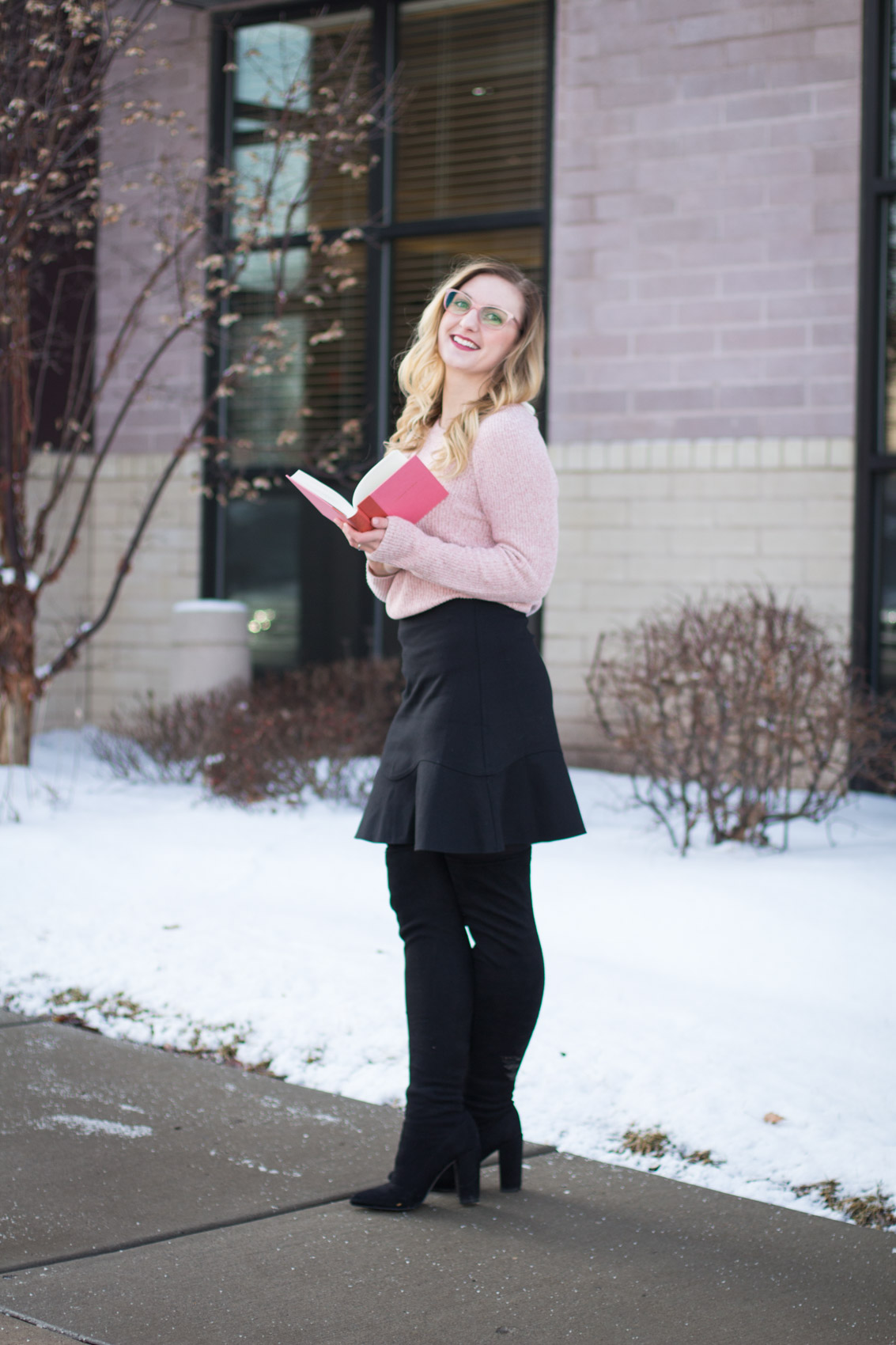 pink sweater outfit // Valentine's Day Outfit Ideas // Pink Glasses // Over the knee boots // black skirt outfit 
