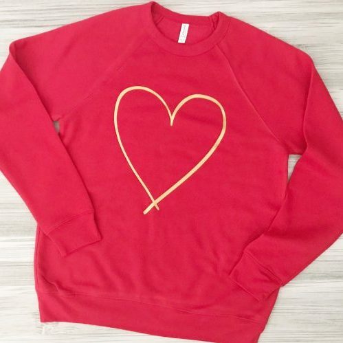 Pink heart crew neck sweatshirt for cute Valentine's Day outfits by EandEDesignsCo