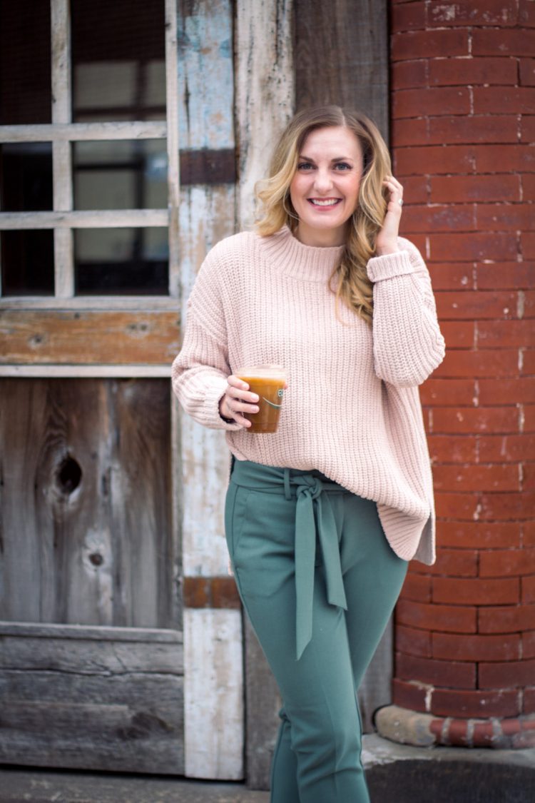 Garden green pants and a soft rose colored sweater make an easy casual outfit for both work and weekends inspired by the changes of the season. #outfitinspo
