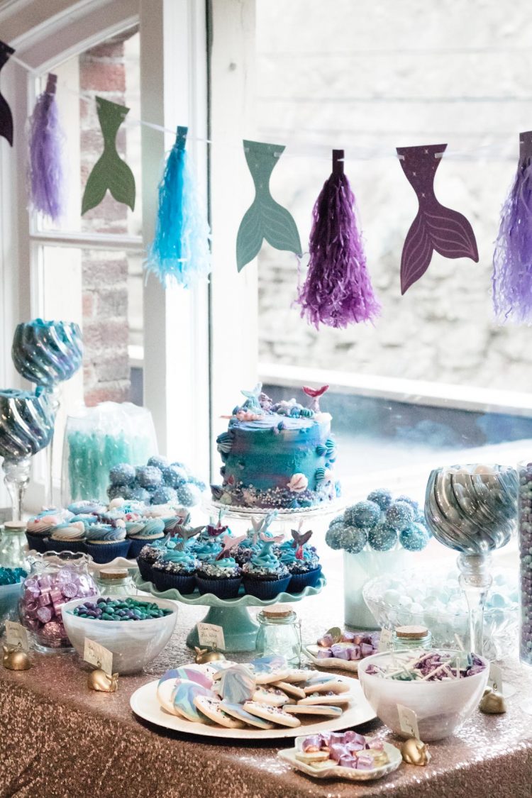 Baby shower mermaid themed dessert and candy table