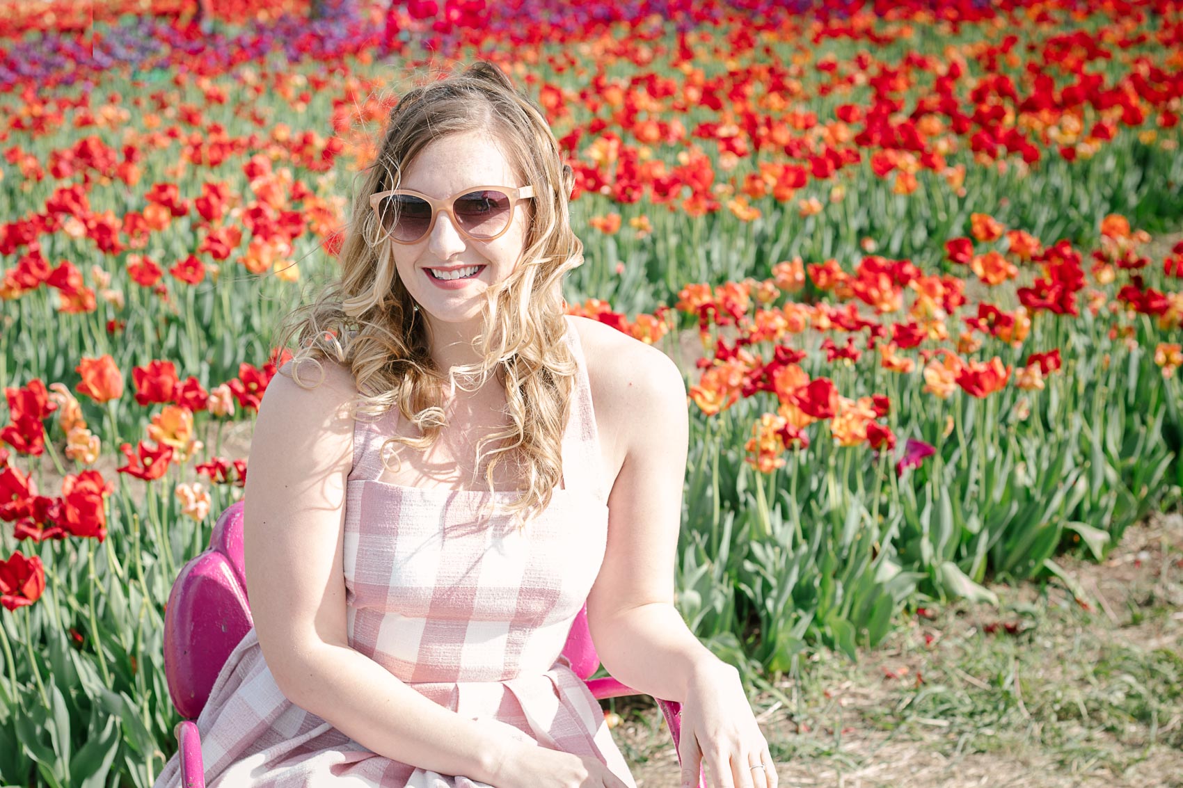 Flower picking in a pink Gal Meets Glam Collection pink gingham dress at Burnside Farms in Nokesville, Virginia | pictures of tulips, castaner wedges, summer dress