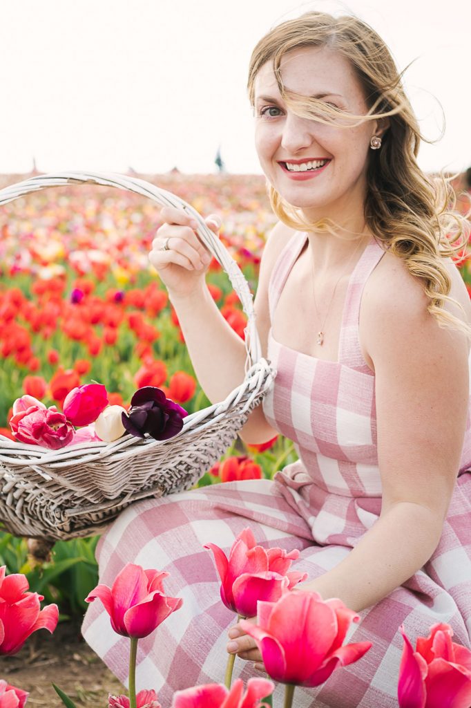 Flower picking in a pink Gal Meets Glam Collection pink gingham dress at Burnside Farms in Nokesville, Virginia | pictures of tulips, castaner wedges, summer dress