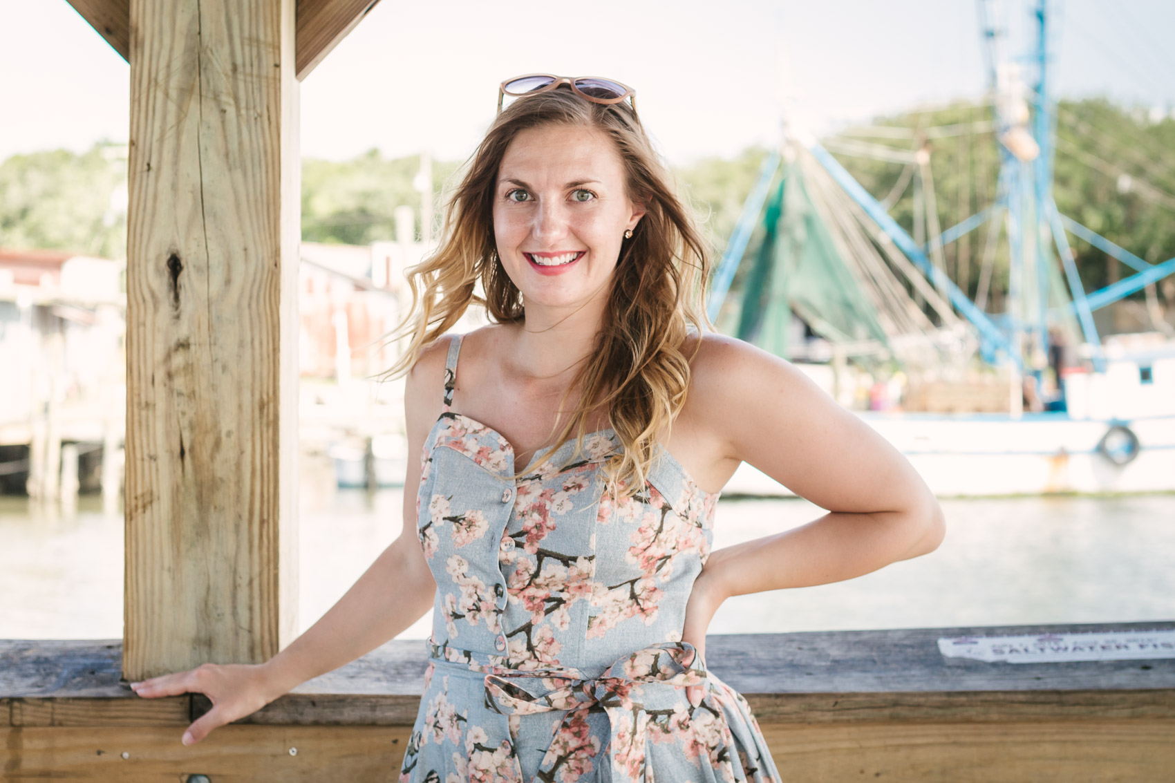 Things to Do in Mount Pleasant, SC: Dolphin Spotting at Shem Creek Park | Wearing the Gal Meets Glam Collection cherry blossom print Daphne dress