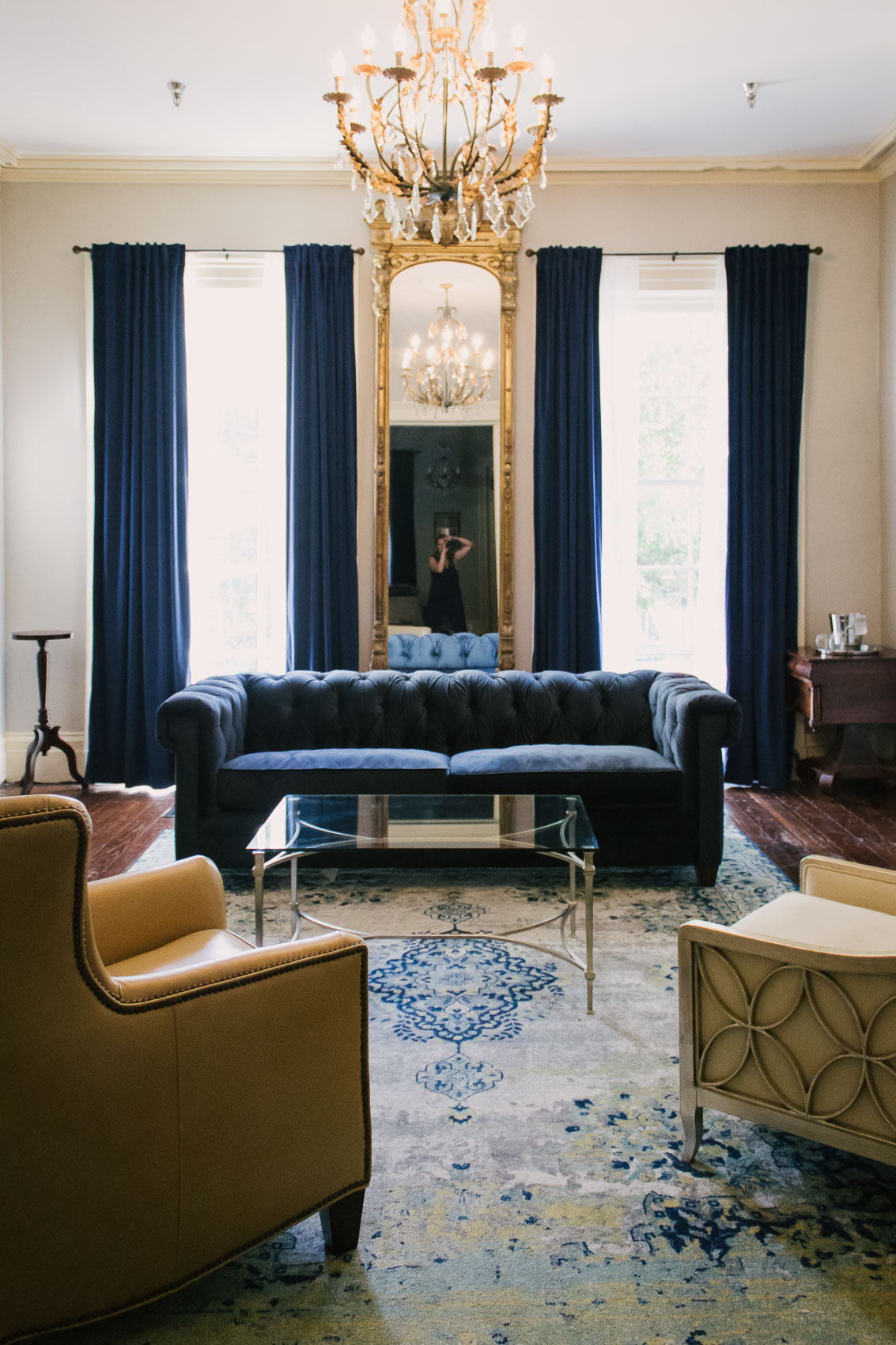 The most beautiful blue velvet couch at Linden Row Inn - a historic boutique hotel in Richmond, Virginia