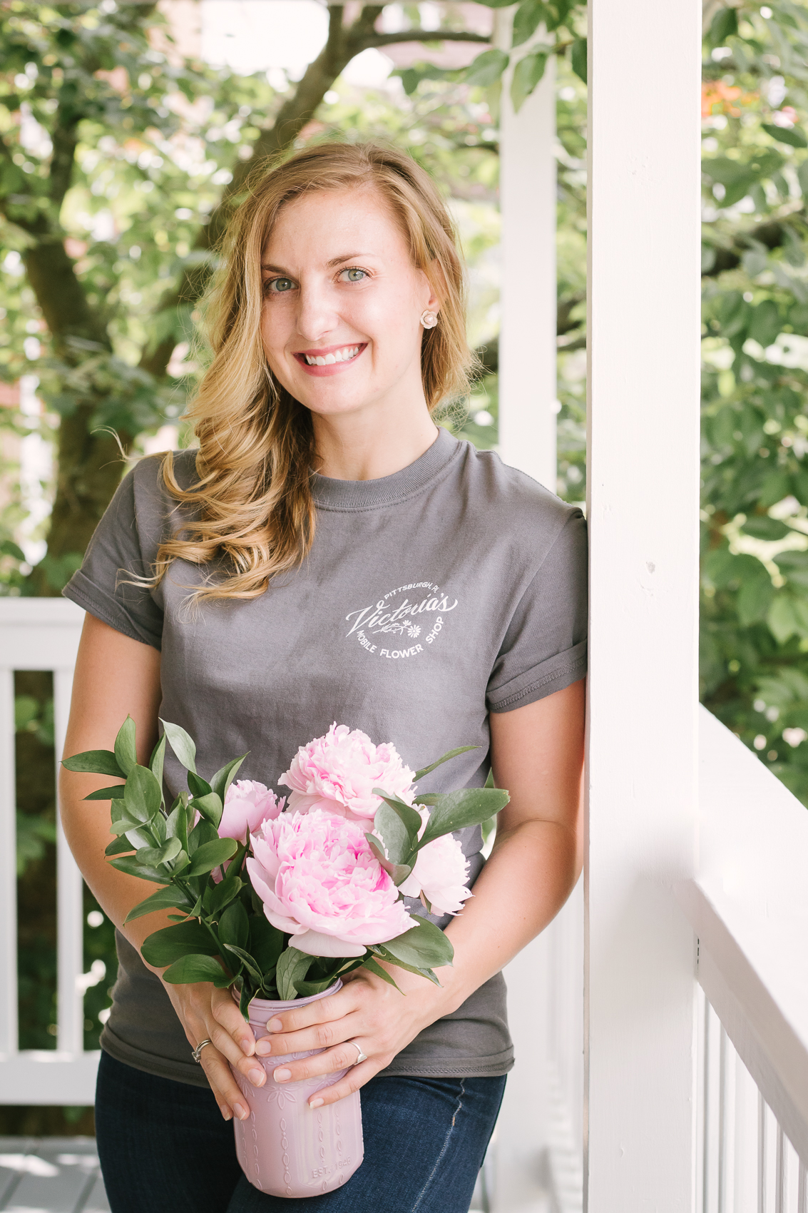 Lifestyle product photography by Allyn Lewis - Victoria's Mobile Flower Truck T-Shirt with peonies | Location: Pittsburgh, PA