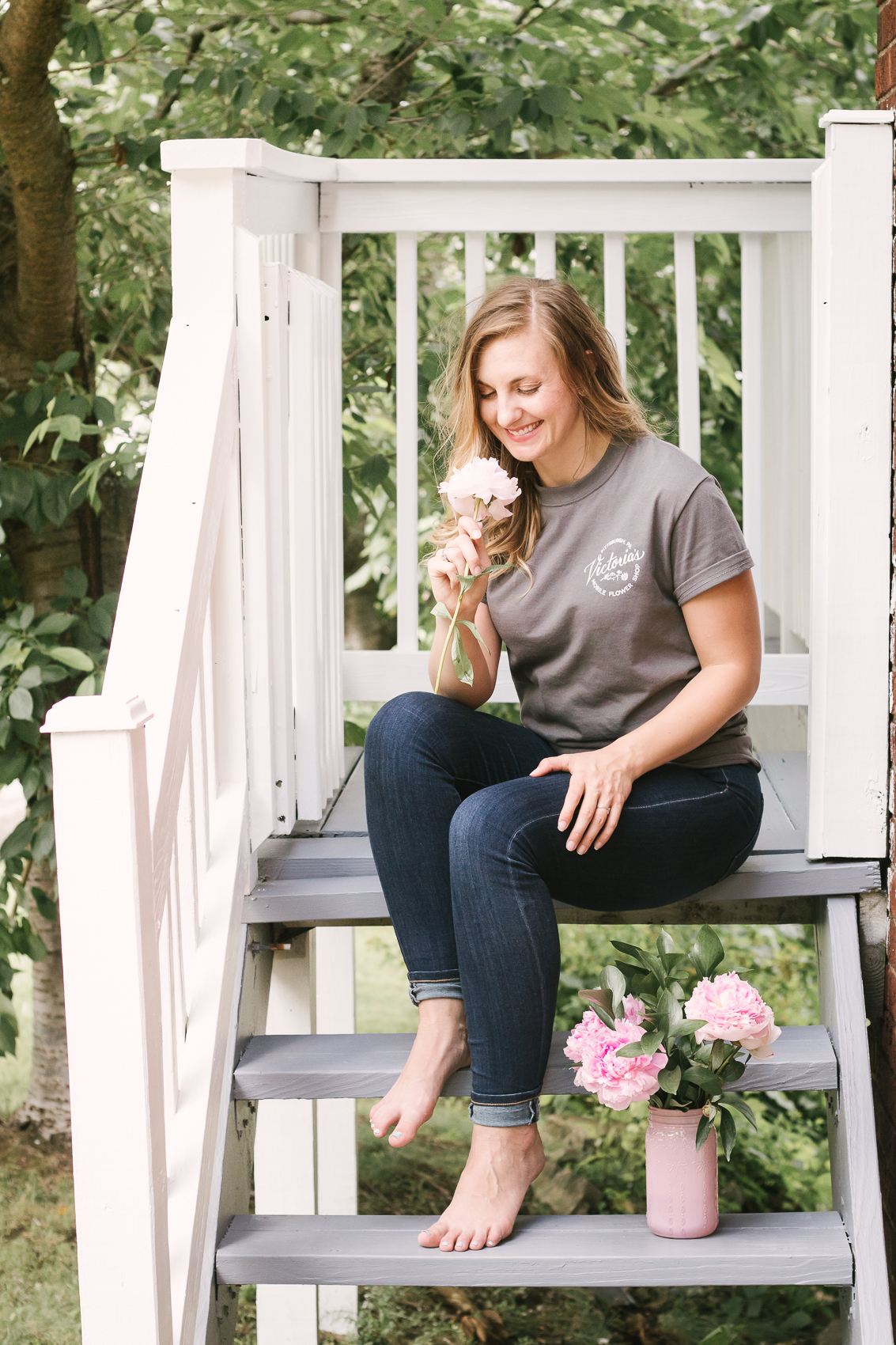 Lifestyle product photography by Allyn Lewis - Victoria's Mobile Flower Truck T-Shirt with peonies | Location: Pittsburgh, PA