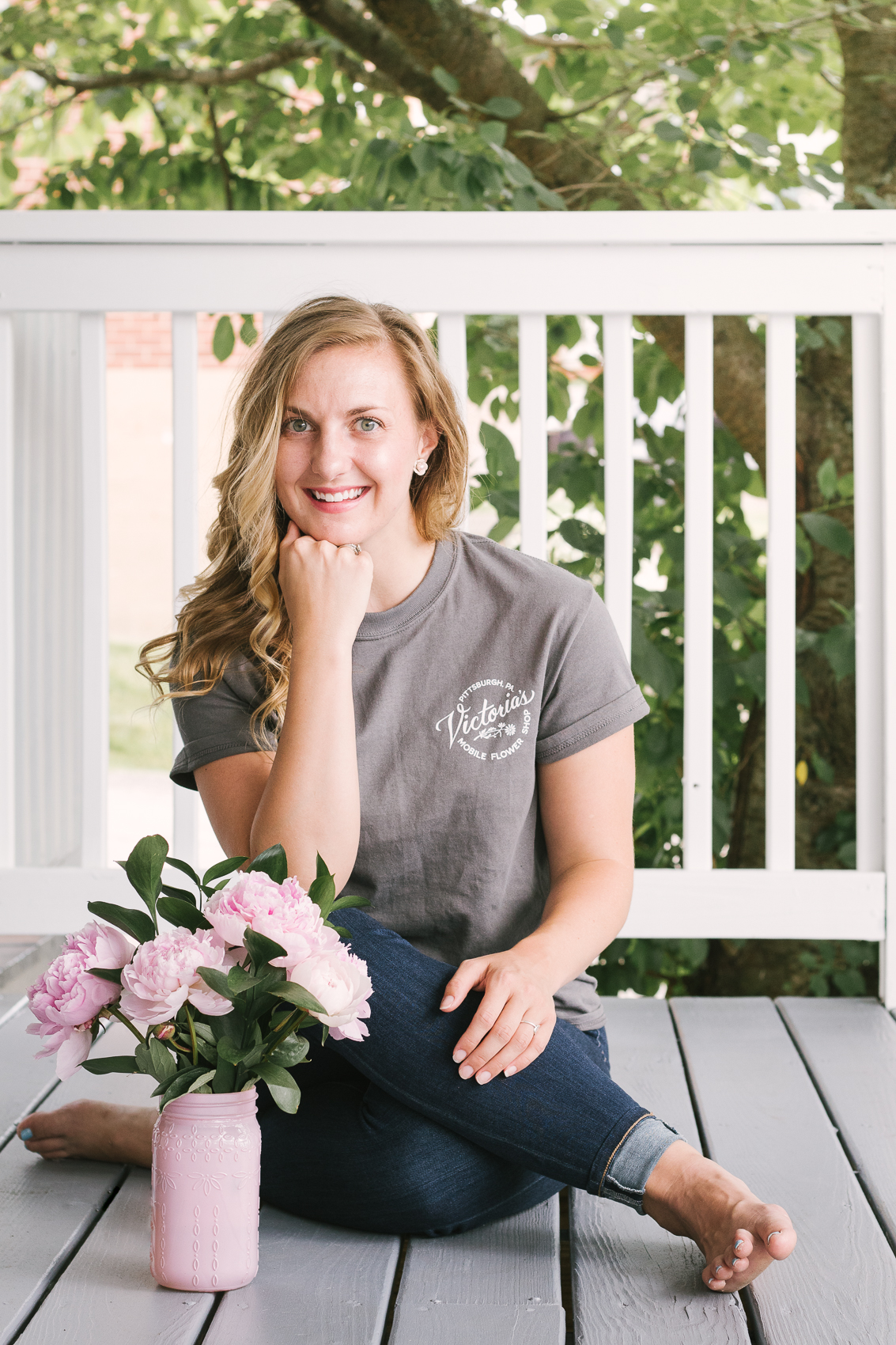 Lifestyle product photography by Allyn Lewis - Victoria's Mobile Flower Truck T-Shirt with peonies | Location: Pittsburgh, PA