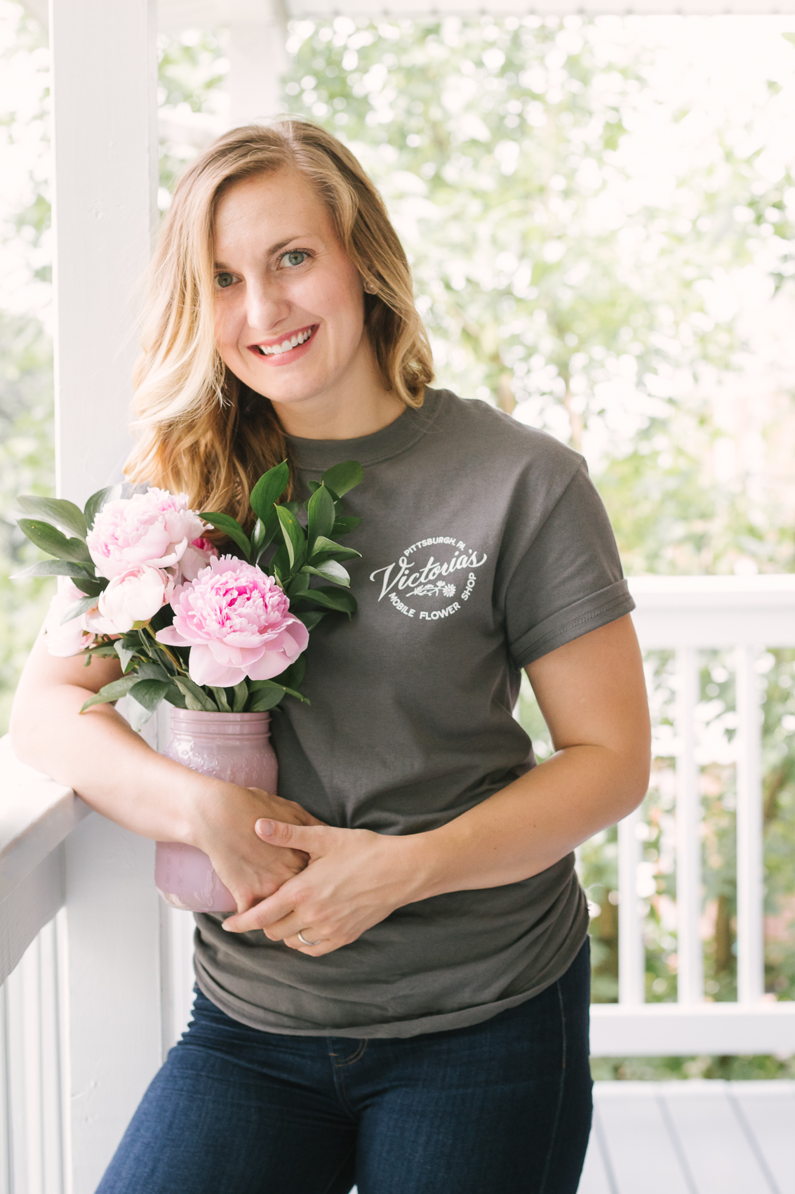 Lifestyle product photography by Allyn Lewis - Victoria's Mobile Flower Truck T-Shirt with peonies | Location: Pittsburgh, PA