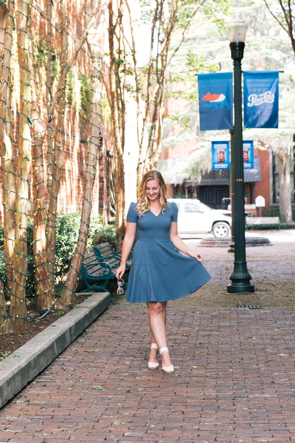 Allyn Lewis styles a Gal Meets Glam Collection fit and flare dress with pockets that is so versatile it can be worn in any season and to every occasion - workdays, weekends, and even weddings. Paired here with Castaner espadrilles in New Bern, NC.