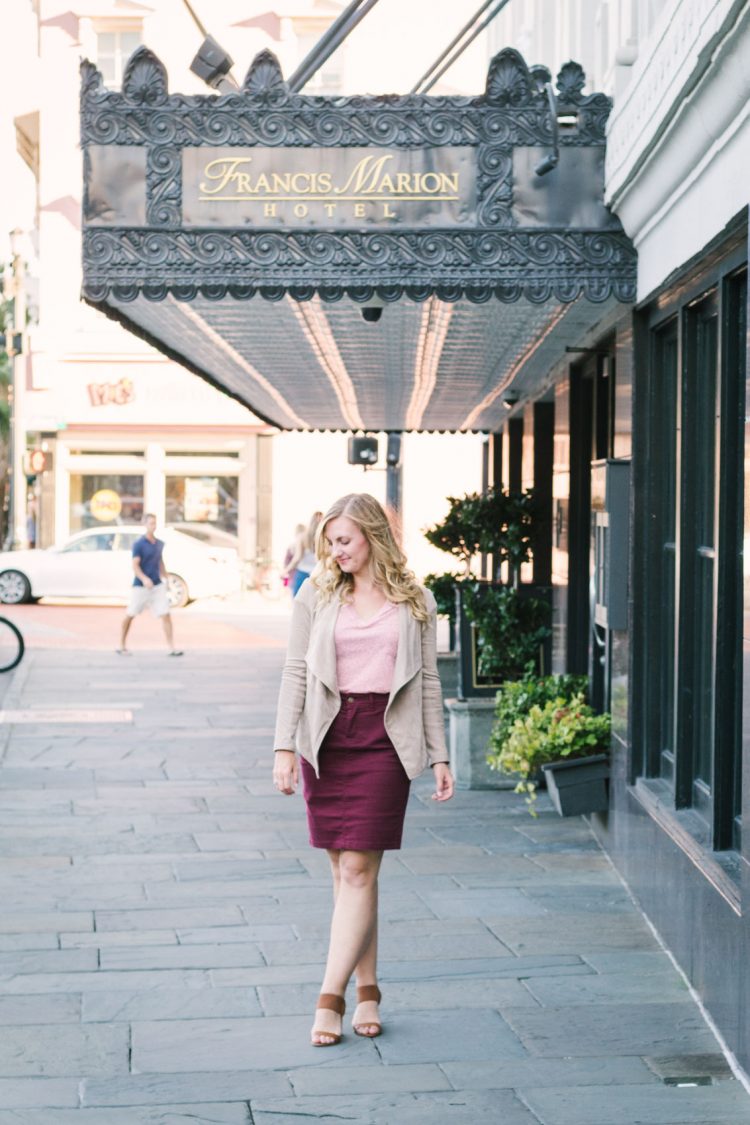 A burgundy skirt fall outfit at the Francis Marion Hotel Charleston, SC